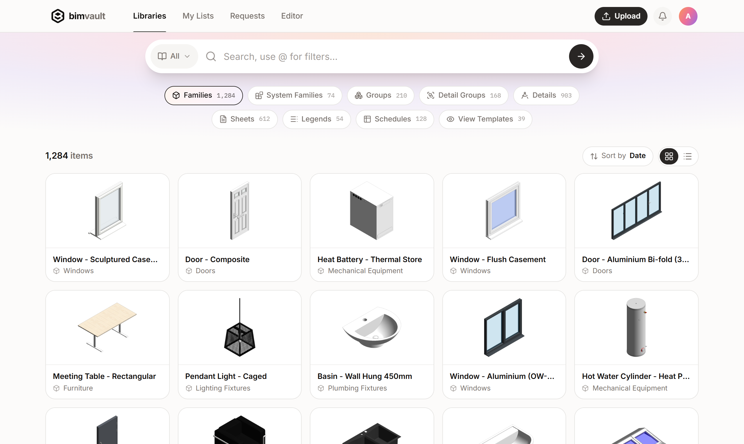 The bimvault library showing a firm's Revit families with search, kind filters and review.
