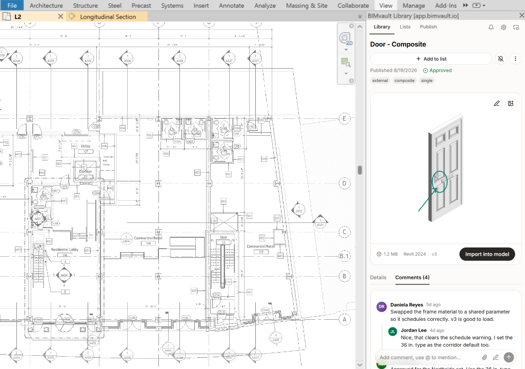 The bimvault panel docked inside Revit, showing a door family ready to load into the open model.