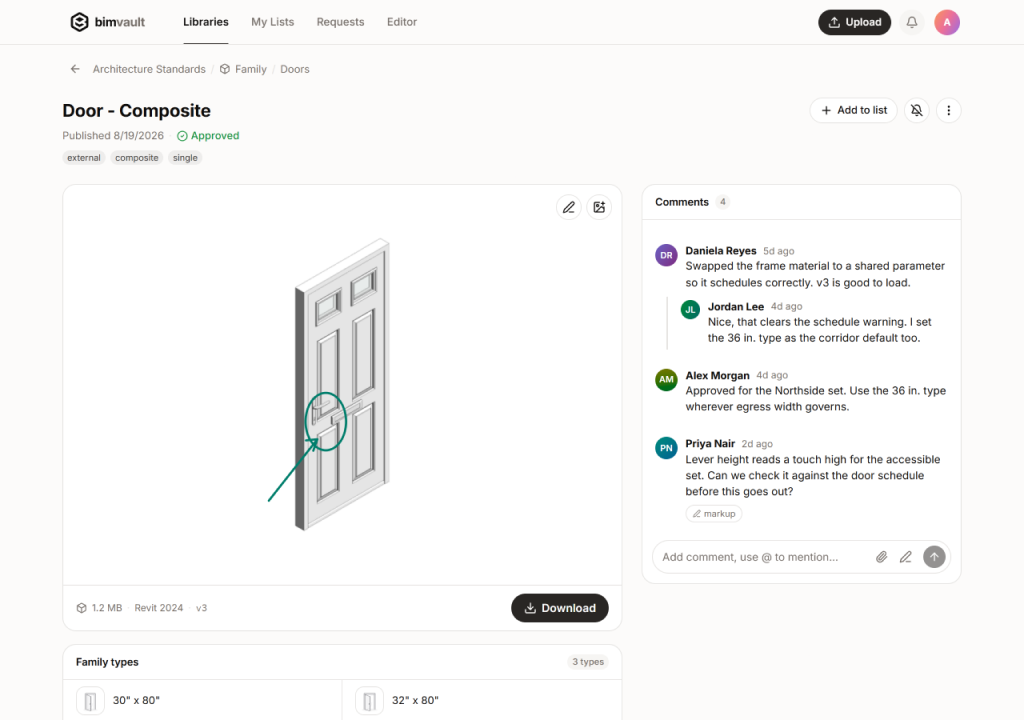The bimvault web app: a door family under review, with a redline markup on the preview and a comment thread.